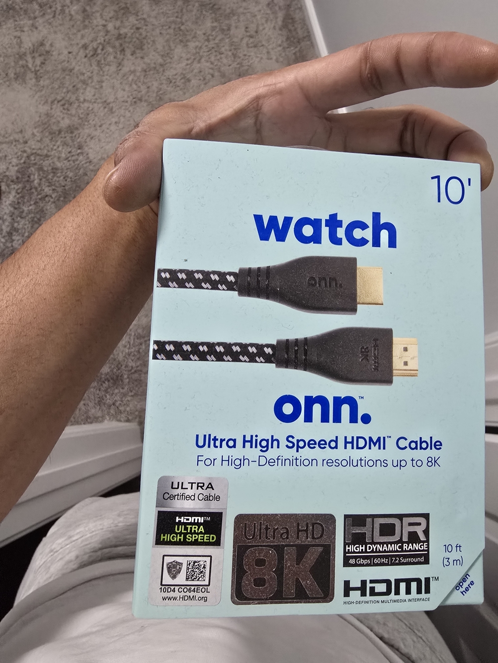 onn. Ultra High Speed HDMI Cable - Black and White Braided (10')